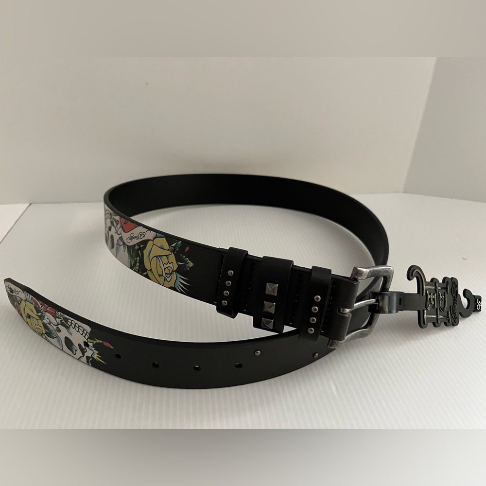 Ed Hardy Men's Skull Rose Print Black Belt With Rivet Studs